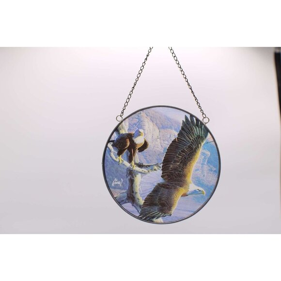 Al Agnew Wildlife Suncatchers Deer Eagle Wolf Round Metal Framed Home Decor Vtg - Picture 6 of 7